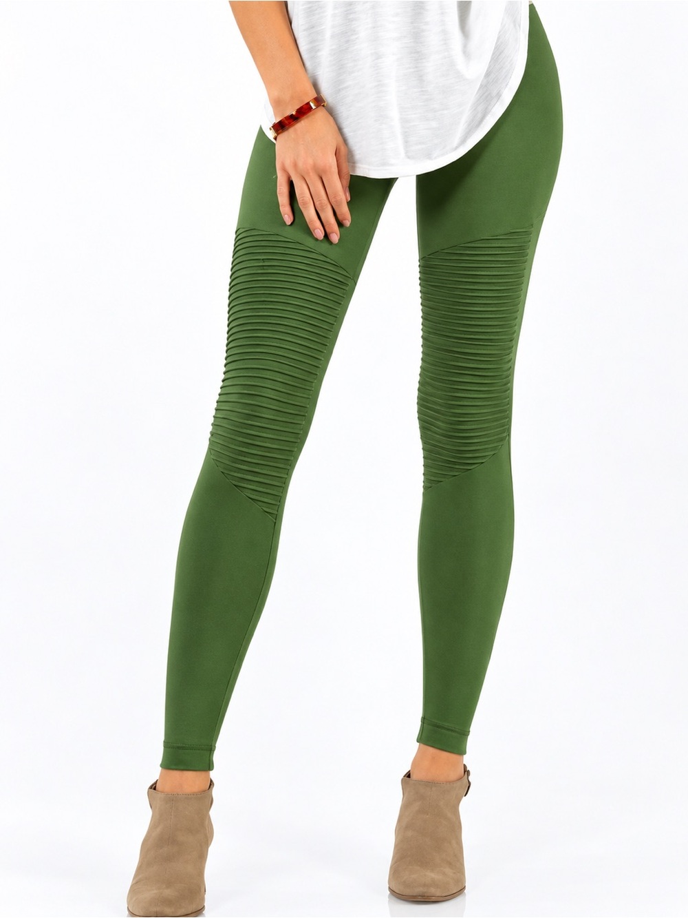 🟤NWT ZENANA Cotton Full Length Wide Waistband Moto Leggings in Army Green